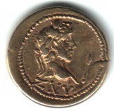 Монета статер Евпатора. 160 г.н.э. Боспорское царство. Бюст императора Антония Пия, в поле перед ним-копье