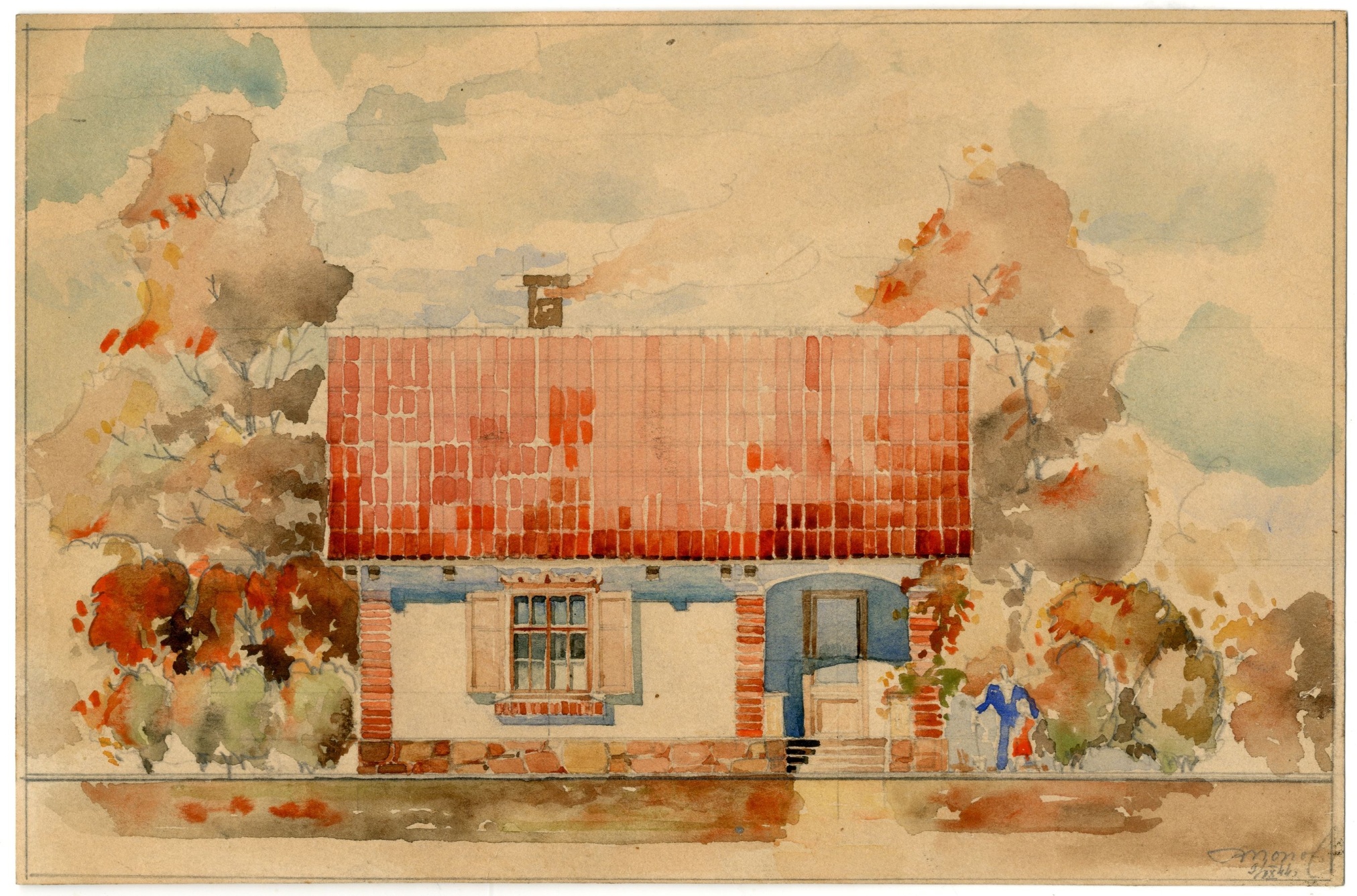 Рисунок акварельный сельского дома по проекту архитектора В.В. Попова, 1944 год.