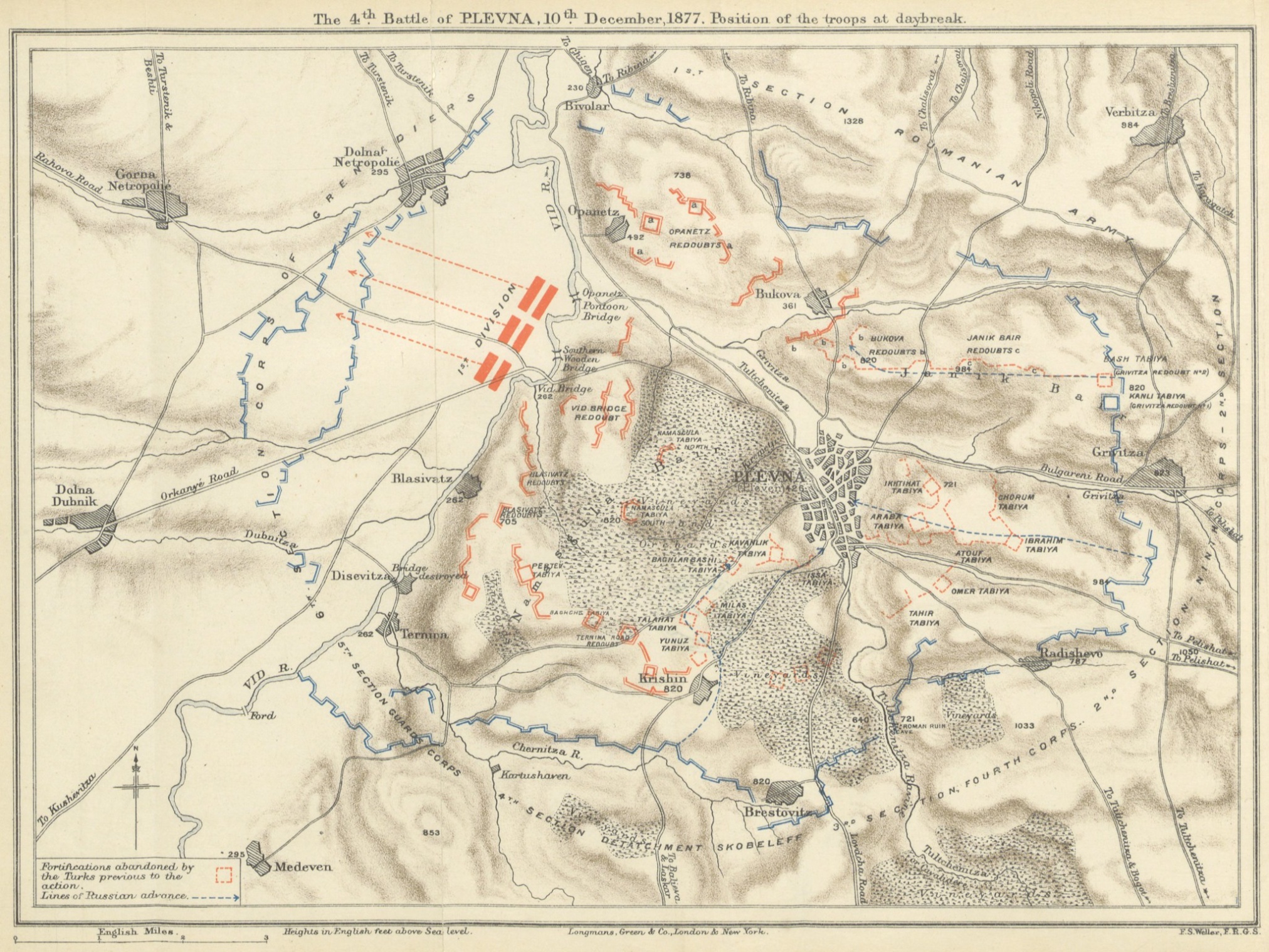Карта-схема «4-е сражение за Плевну. 10 декабря 1877 года. Расположение войск на рассвете // The 4Th Battle of Plevna. 10 december 1877. Position of the troops daybreak». Из книги H. von William «The Defence of Plevna, 1877. Written by One who took part in it». P.424. 1895 год. (из свободного доступа) Карта-схема «4-е сражение за Плевну. 10 декабря 1877 года. Расположение войск на рассвете // The 4Th Battle of Plevna. 10 december 1877. Position of the troops daybreak». Из книги H. von William «The Defence of Plevna, 1877. Written by One who took part in it». P.424. 1895 год. (из свободного доступа)