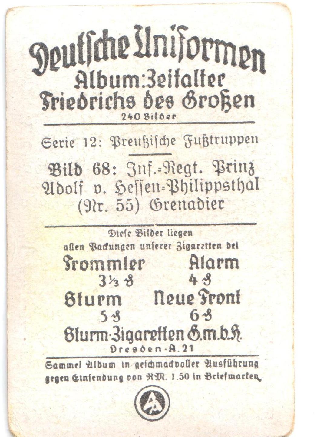 Открытка-вкладыш "Deutsche Uniformen. Album: Zeitalter Friedrichs des Groben.№ 68". Германия. 1930-1934 гг.